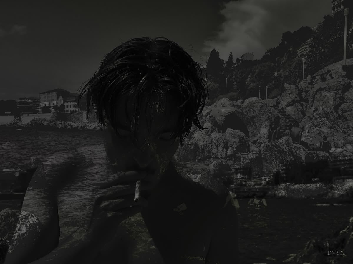 A dark double exposure — a young man smoking, his face in shadow, over a rocky seashore.